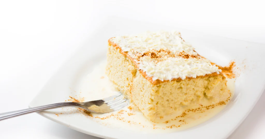 A slice of a milk dessert cake served on a white plate, topped with whipped cream and a sprinkle of cinnamon, accompanied by a fork